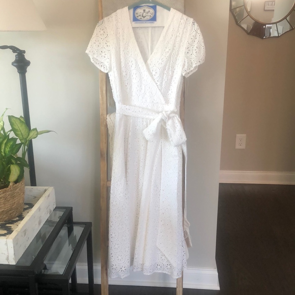 1901 White eyelet belted wrap dress